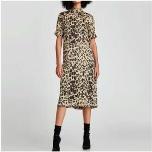 Zara Women's Leopard Print Midi Dress Size S Mock Neck Career